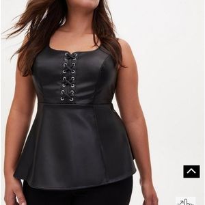 Black Faux Leather Lace-Up Peplum Top from Torrid